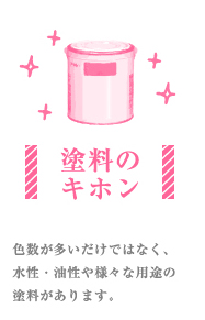 塗料のキホン　色数が多いだけではなく、水性・油性や様々な用途の塗料があります。