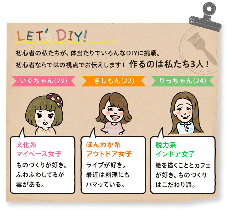 LET'S DIY 初心者の私たちが、体当たりでいろんなDIYに挑戦。初心者ならではの視点でお伝えします！