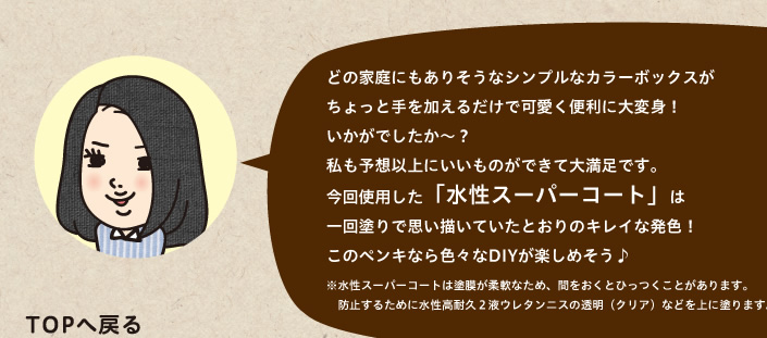 今回使用した「水性スーパーコート」は一回塗りで思い描いていたとおりのキレイな発色！