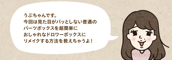 うぶちゃんです。今回は見た目がパッとしない普通のパーツボックスを超簡単におしゃれなドロワーボックスにリメイクする方法を教えちゃうよ！