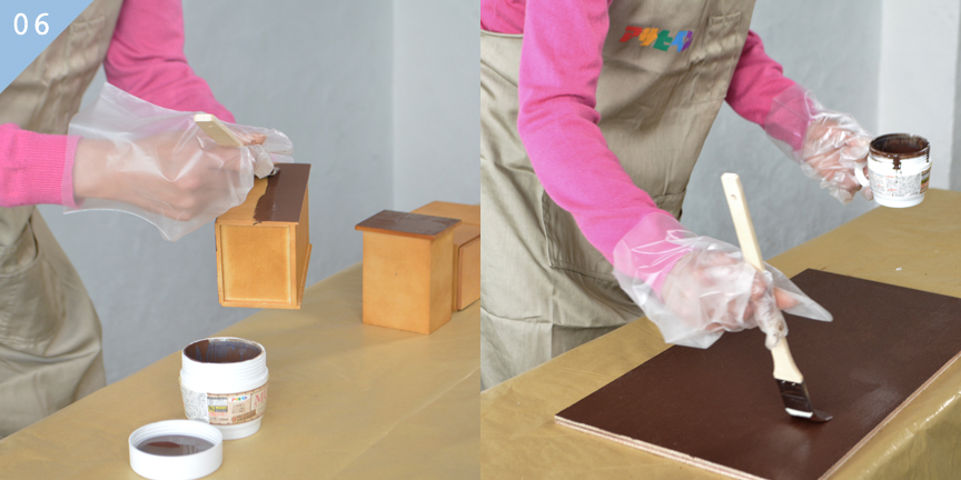 １００円均一で購入した小箱、小物棚、ベニヤ板をブラウン色で塗ります